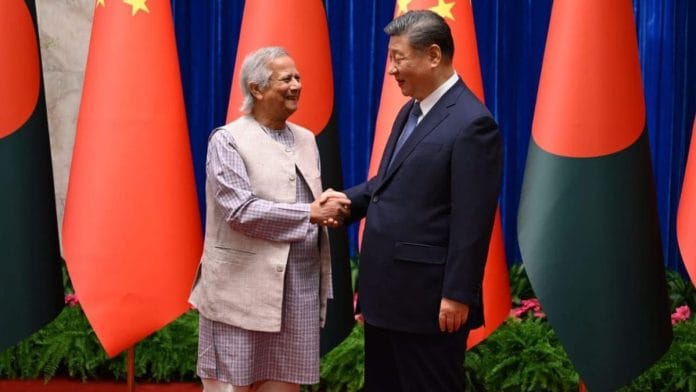 Bangladesh Chief Adviser Muhammad Yunus with Chinese President Xi Jinping in Beijing Friday. | @ChiefAdviserGoB/ X