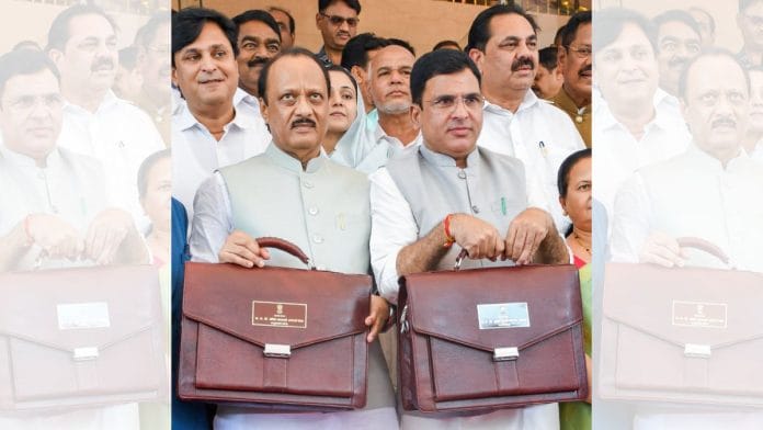 Maharashtra Finance Minister Ajit Pawar and MoS Finance Ashish Jaiswal holding budget documents at the state legislative assembly in Mumbai Monday. | ANI