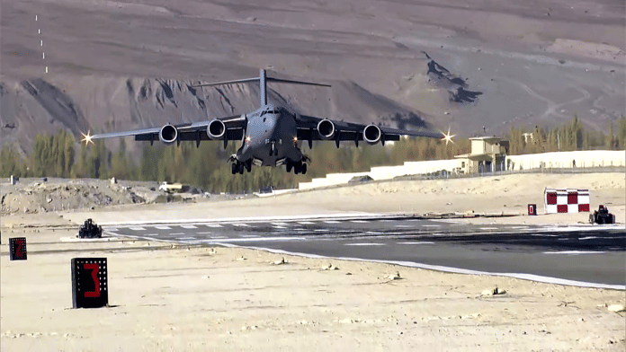 Indian Air Force's C-17 Globemaster transport aircraft landing at the Leh airbase with supplies for troops deployed in forwarding areas in Leh, 10 October 2020 | ANI file photo