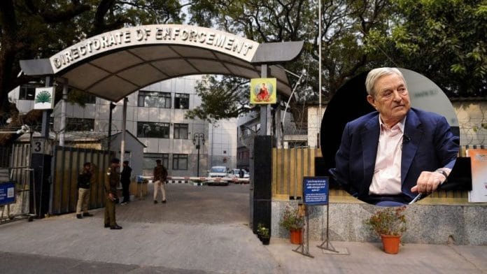 Representational image of the Enforcement Directorate (ED) office & file photo of George Soros | ANI & Commons