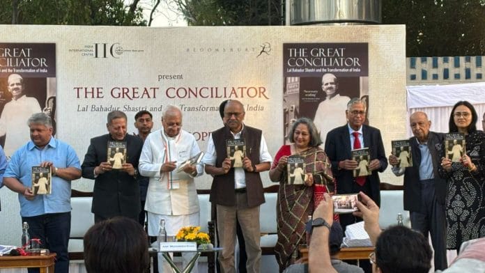 (L-R) Adarsh Shastri, Sanjeev Chopra & Shekhar Gupta, among others, at the launch of Chopra's new book on Lal Bahadur Shastri in Delhi | Photo: Nootan Sharma, ThePrint