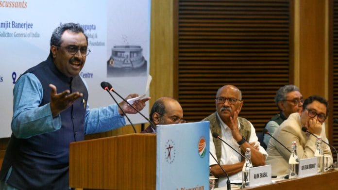 Ram Madhav at the launch of his book, Our Constitution, Our Pride at IHC Delhi | Photo: Suraj Singh Bisht, ThePrint