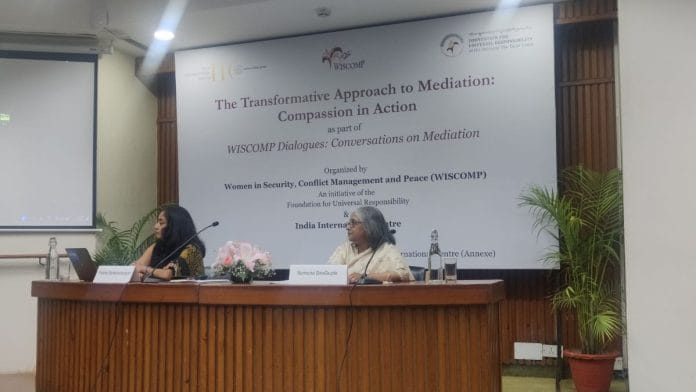 Prabha Sankaranarayan (MBBI President & CEO) and political scientist Sumona Dasgupta at the third IIC-WISCOMP Dialogue on Mediation | Sakshi Mehra, ThePrint