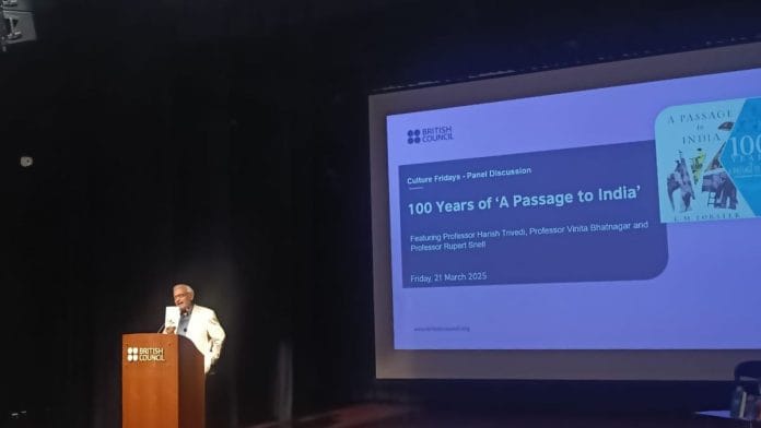 Professor Harish Trivedi, editor of the anthology, speaks at an event at the British Council. | Debdutta Chakraborty | ThePrint