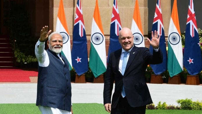 Prime Minister Narendra Modi with New Zealand Prime Minister Christopher Luxon at Hyderabad House in Delhi | Praveen Jain | ThePrint