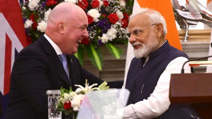 Prime Minister Narendra Modi with New Zealand Prime Minister Christopher Luxon during a joint press conference at Hyderabad House in Delhi | Praveen Jain | ThePrint