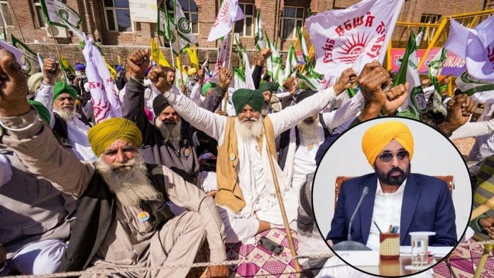 Members of Samyukta Kisan Morcha stage a protest against Punjab Chief Minister Bhagwant Mann-led government in Amritsar on 5 March (PTI Photo/Shiva Sharma) & CM Bhagwant Mann (inset/ANI)