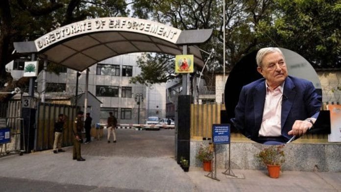 Representational image of the Enforcement Directorate (ED) office & file photo of George Soros | ANI & Commons