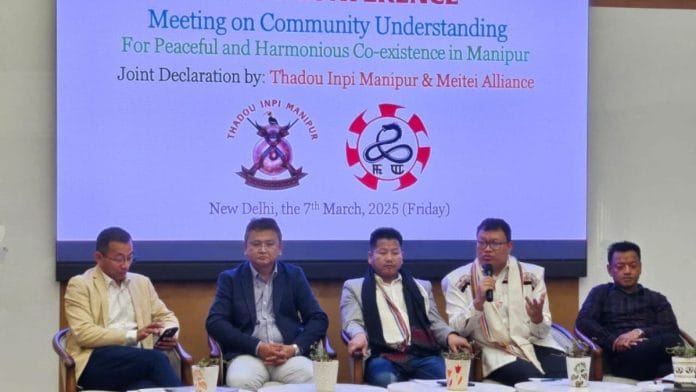 Leaders of Thadou Inpi Manipur & the Meitei Alliance addressing media persons in New Delhi Friday | Sourav Roy Barman | ThePrint