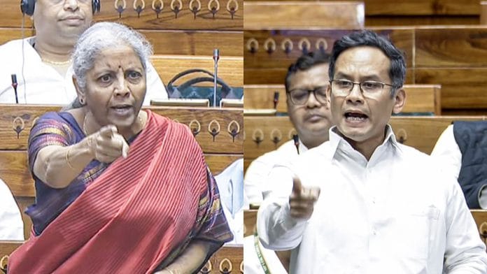 Finance Minister Nirmala Sitharaman (L) & Congress MP Gaurav Gogoi (R) speaking in the Lok Sabha Tuesday | ANI
