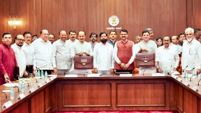Maharashtra Chief Minister Devendra Fadnavis, along with state Finance Minister Ajit Pawar, Deputy Chief Minister Eknath Shinde and other cabinet members before the presentation of the budget for the year 2025-26 in Mumbai Monday | ANI