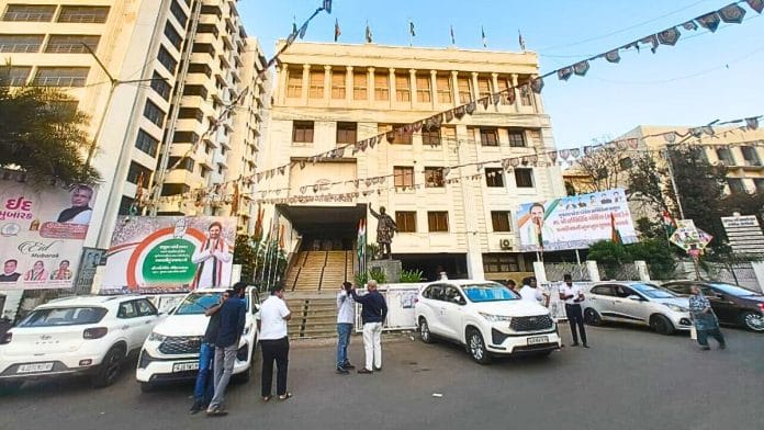 Rajiv Bhawan, the Congress headquarters in the heart of Ahmedabad, where preparations are in full swing for a session of the All Indian Congress Committee (AICC) on 9 April | Sourav Roy Barman | ThePrint