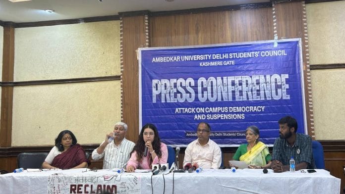 (Left to right) Prof. Abha Dev Habib, Prof. Apoorvanand, Sharanya Verma, Prof. Pradeep K. Shinde, Prof. Jayati Ghosh and Shubhojeet Dey | Photo: Zenaira Bakhsh/ThePrint