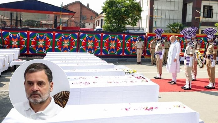 Union Home Minister Amit Shah pays last respects to the deceased of the Pahalgam terror attack, in Srinagar, Wednesday, and LoP in the Lok Sabha Rahul Gandhi. | ANI