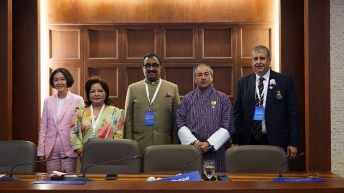 Ram Madhav, President of India Foundation, with D.N. Dhungyel, Foreign Minister of Bhutan, Arzu Rana Deuba, Foreign Minister of Nepal, and Indra Mani Pandey, Secretary General of BIMSTEC, at 3rd BIMSTEC Dialogue 2025 in Bangkok | Photo: X/@indfoundation
