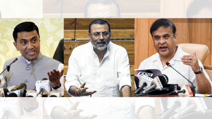 BJP leaders Pramod Sawant, Nishikant Dubey and Himanta Biswa Sarma. | ANI