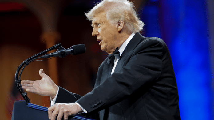 U.S. President Donald Trump speaks during the National Republican Congressional Committee (NRCC) dinner at the National Building Museum in Washington, D.C., U.S., April 8, 2025 | Reuters