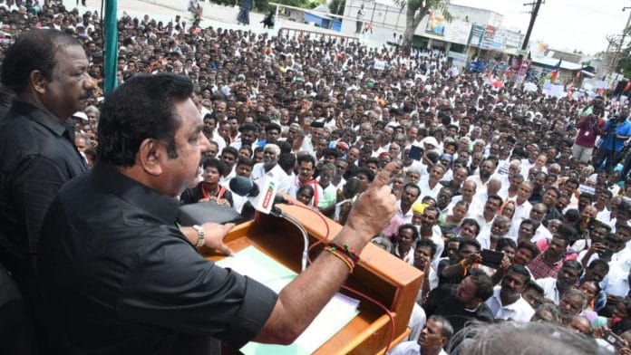 A file photo of Edappadi K. Palaniswami, addressing party workers at a protest against Stalin-led DMK government. | @AIADMKOfficial
