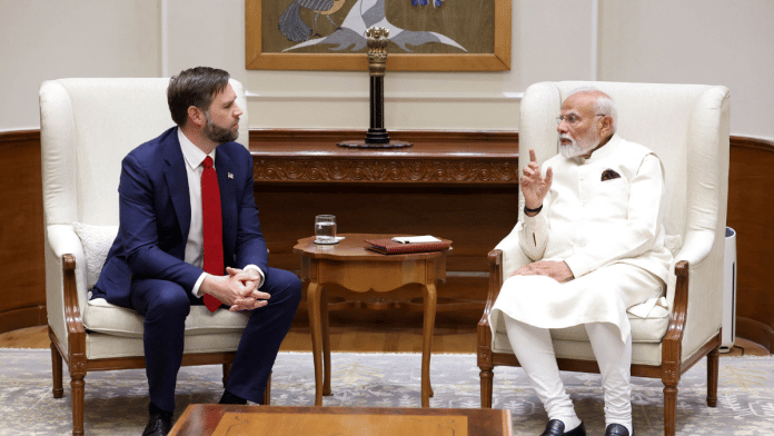 India's Prime Minister Narendra Modi meets U.S. Vice President JD Vance at his residence in New Delhi, India, April 21, 2025 | Indian PIB| Handout via Reuters