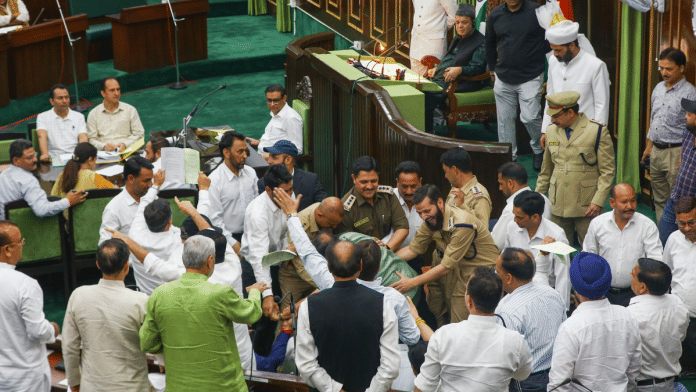 BJP MLAs protest during the Budget session of J&K Assembly, in Jammu, Wednesday | PTI