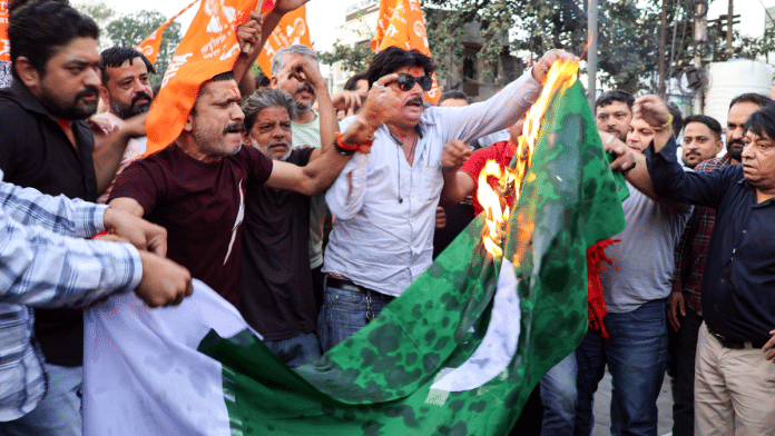 Rashtriya Bajrang Dal members stage a protest in the wake of the Pahalgam terror attack, in Jammu on Tuesday, 22 April 2025. | ANI
