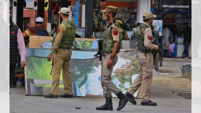Security officials patrol the streets in Kashmir after the Pahalgam attack. | Praveen Jain | ThePrint
