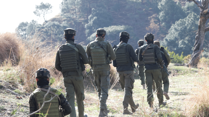 Security personnel resumed the anti-terrorist operation near Jakhole village in the Ghati Juthana area of Rajbagh, in Kathua on 28 March 2025. | ANI