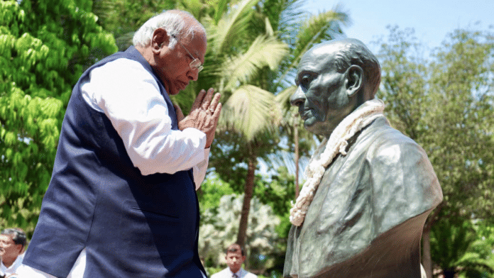 Congress President Mallikarjun Kharge pays tribute to Sardar Vallabhbhai Patel during the extended Congress Working Committee (CWC) meeting, in Ahmedabad on 8 April 2024. | ANI