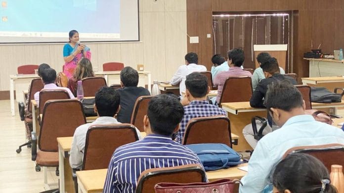 A training class in Bhopal under Madhya Pradesh Anand Vibhag’s Alpviram initiative, which prods individuals to pause and reflect on their inner voice to promote positive thinking. The Anandgram programme is part of the same initiative | Photo: By special arrangement
