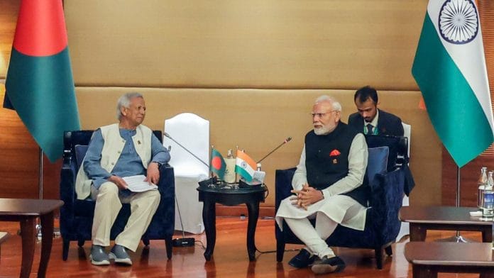 Prime Minister Narendra Modi holds a meeting with Bangladesh Chief Adviser Muhammad Yunus on the sidelines of the BIMSTEC Summit, in Bangkok on Friday. | ANI