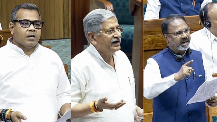 (L-R) Arun Bharti of LJP (RV), Rajiv Ranjan Singh of JD(U) and TDP's Krishna Prasad Tenneti speaking in Lok Sabha on 2 April, 2025 | Courtesy: Sansad TV