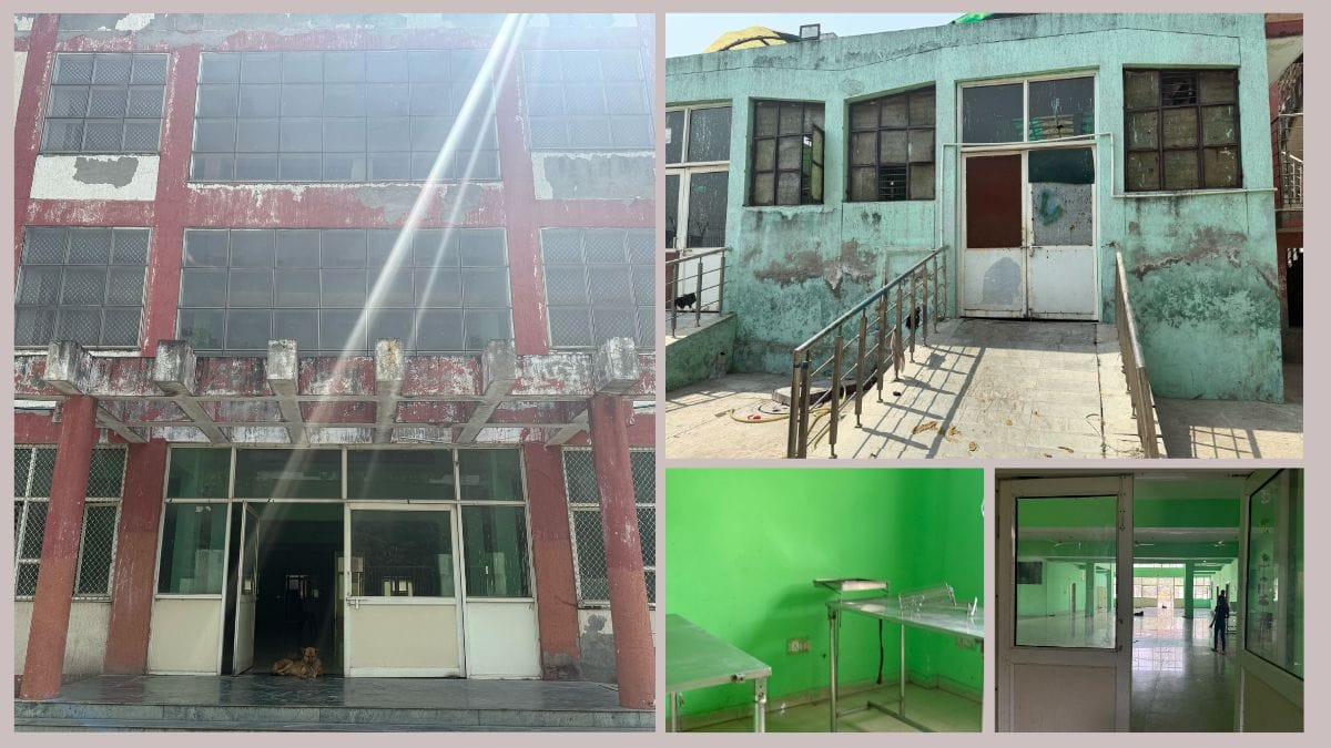 Clockwise from left: The front facade of the ABC centre in Rohini; the building in the back where dogs are kept; and the unused rooms and equipment inside the centre | Mrinalini Dhyani | ThePrint