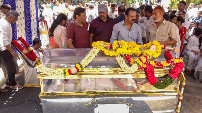 People pay their last respects to the mortal remains of former Karnataka Director General of Police Om Prakash, in Bengaluru, Monday, on 21 April 2025. | PTI