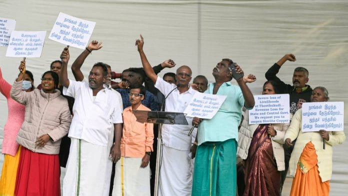Villagers from Thoothukudi, Tamil Nadu, stage a protest demanding justice for their lost livelihood after closure of the Sterlite Copper plant, at Jantar Mantar in New Delhi in 2023 | Photo: ANI
