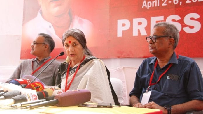 Politburo member Brinda Karat addressing the press on day 2 of party congress in Madurai | By special arrangement