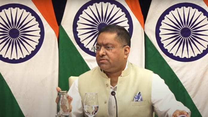 A file photo of MEA spokesperson Randhir Jaiswal at a press briefing in New Delhi | YouTube @MEA