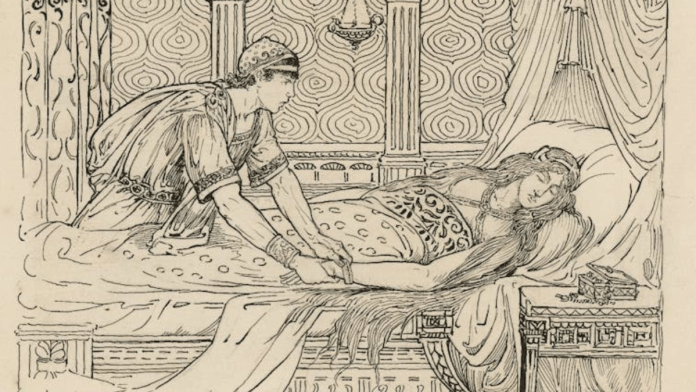 Iachimo stealing Innogen’s bracelet, illustrated by Louis Rhead (1918) | Folger Shakespeare Library, CC BY-SA