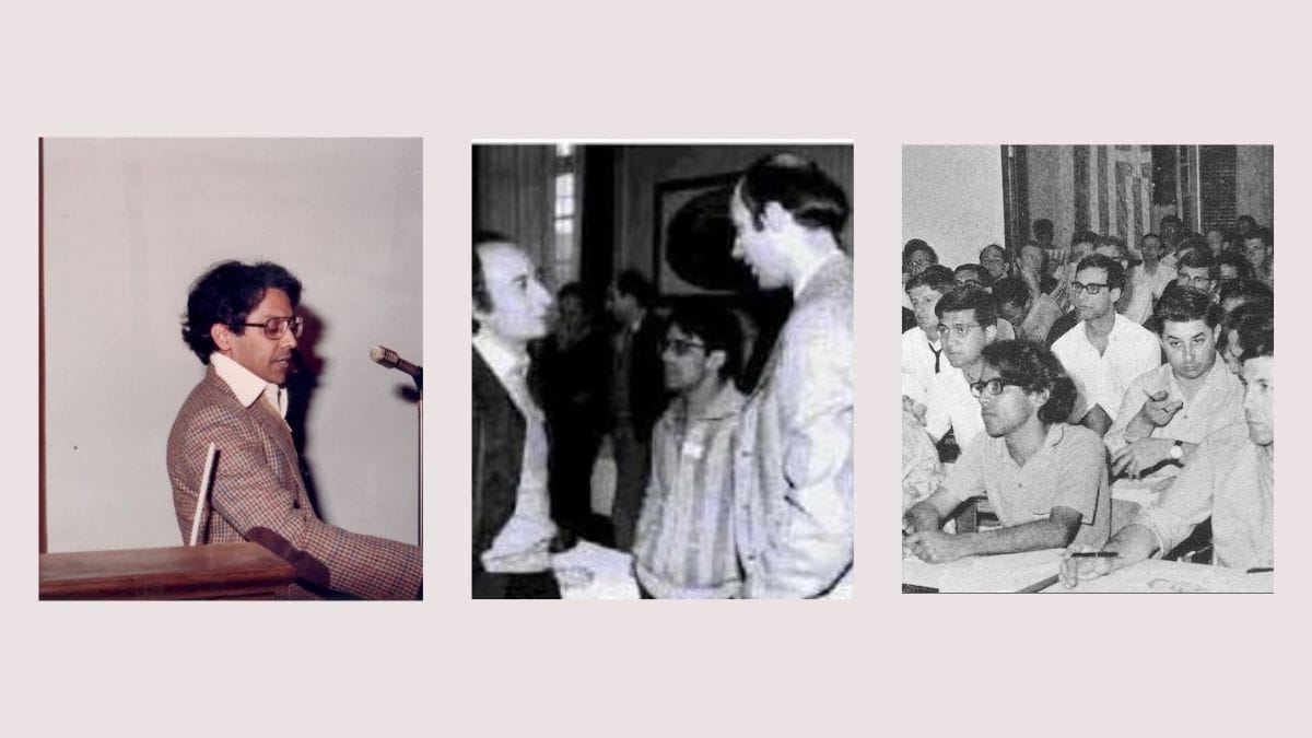 From left to right: Srivastava giving a seminar at an international conference at the INFN National Laboratory of Frascati (LNF) in Rome in the 1980s; at a conference at the Accademia dei Lincei in Rome; and sitting in the front row at the International School of Physics, Erice, Sicily. | By special arrangement