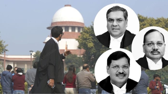 From top, clockwise: CJI Sanjiv Khanna and Justices Surya Kant and B.R. Gavai. | Supreme Court of India