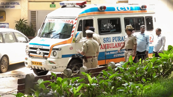 An ambulance takes away the mortal remains of former DGP of Karnataka Om Prakash after post-mortem at St John's Medical College Hospital in Bengaluru, Monday | PTI