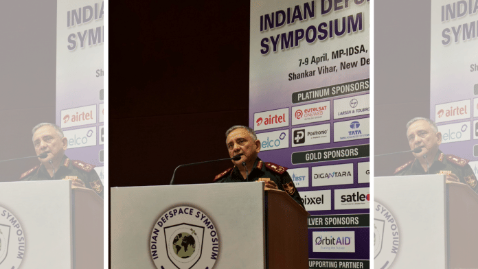 Chief of Defence Staff (CDS) General Anil Chauhan delivers his address at the 3rd Annual Symposium of the Indian Space Association, in New Delhi on Monday | X/@ISpA_India