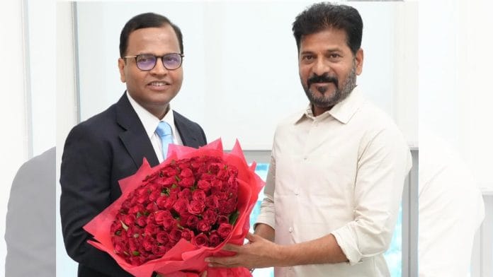Chief Secretary-designate K Ramakrishna Rao paid a courtesy call on Chief Minister Revanth Reddy.| X: @TelanganaCMO