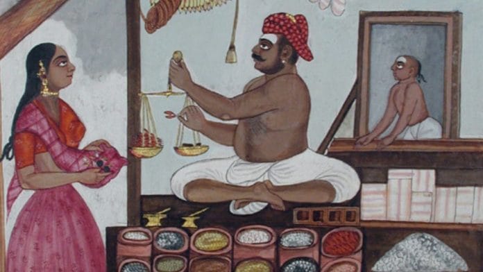 A bazaarwalla and a customer, Tanjore, c. 1825