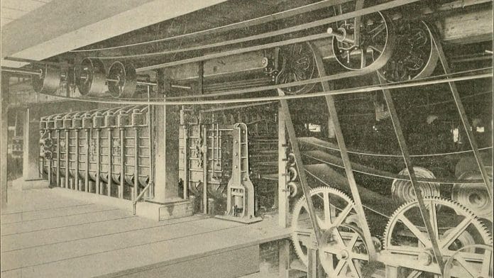 A belt press in a rubber factory, 1899
