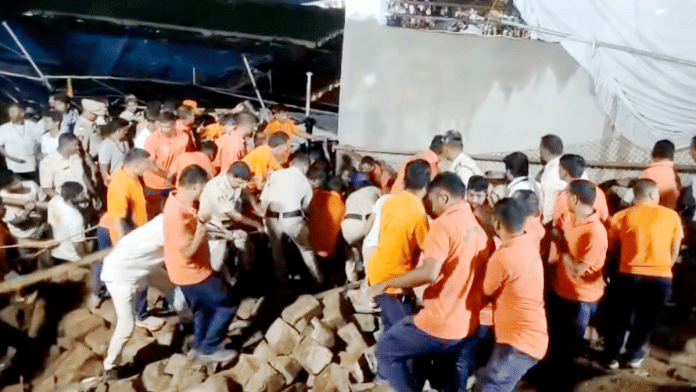 Rescue operation underway after a rain-soaked wall collapsed at the Sri Varaha Lakshmi Narasimha Swamy Temple, at Simhachalam in Visakhapatnam, Wednesday, April 30, 2025 | PTI