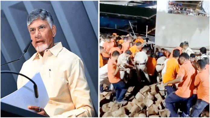 Andhra Pradesh CM Chandrababu Naidu (left), Rescue operation underway after a rain-soaked wall collapsed at the Sri Varaha Lakshmi Narasimha Swamy Temple, at Simhachalam in Visakhapatnam, Wednesday, April 30, 2025 | PTI