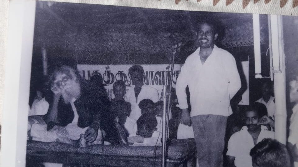 Thirumavalavan who participated in the anti-Hindi struggles in 1960s, speaking at a Rationalists Forum event in 1972 alongside Periyar | Photo: Prabhakar Tamilarasu, ThePrint