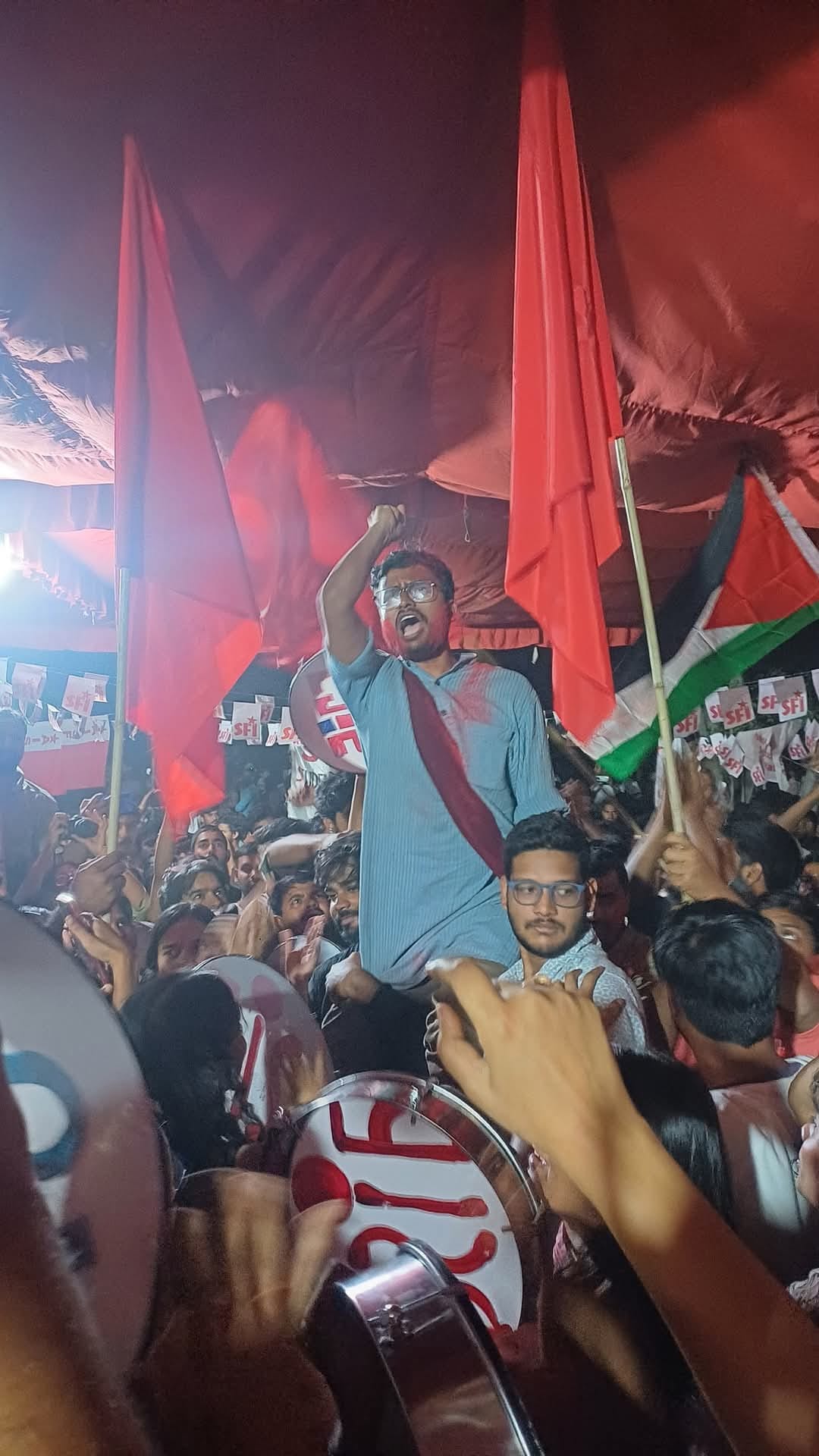 AISA-DSF United Left Panel supporters celebrate the alliance's victory on three of the four central students' panel positions in JNUSU polls | AISA