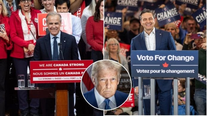 Newly elected Canadian PM Mark Carney, Conservatives leader Pierre Poilievre and US President Donald Trump (centre). | X, Wikicommons