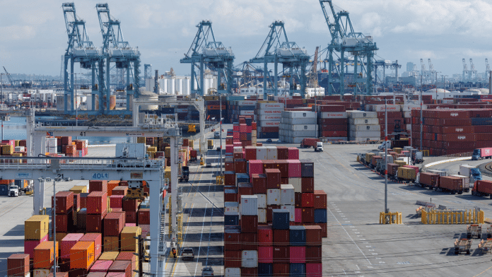 A drone view shows shipping containers from China, at the China Shipping (North America) Holding Company Ltd. facility at the Port of Los Angeles in Wilmington, California, February 4, 2025 | Reuters file photo